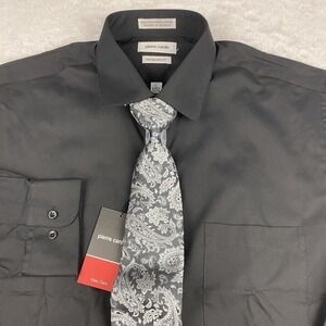 Pierre Cardin Men's 16.5-34/35 Dress Shirt with Tie Black Easy Care Regular Fit